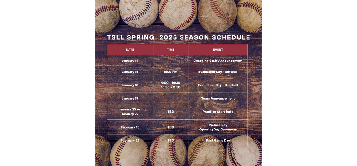 TSLL spring  2025 Season Schedule